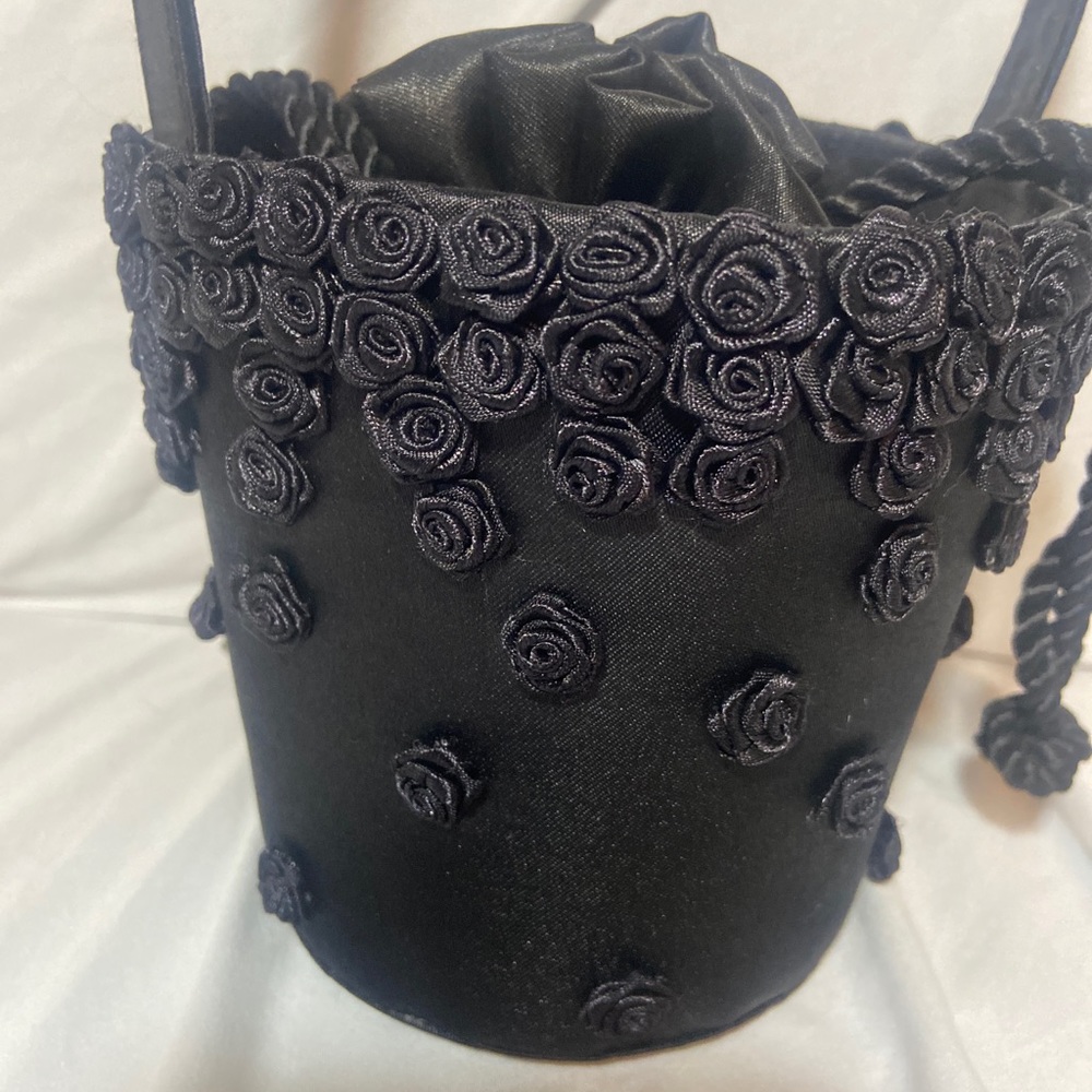 Black rosette satin/sateen handbag drawstring closure